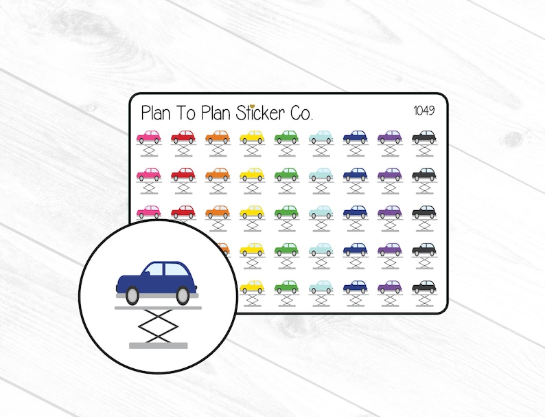 May include: A sheet of stickers featuring a car on a lift in various colors, including pink, red, orange, yellow, green, blue, purple, and black. The sheet is labeled "Plan To Plan Sticker Co." and "1049".