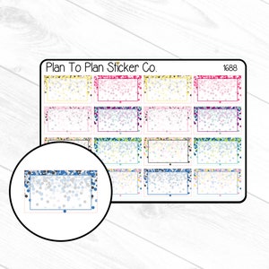 May include: A sheet of 16 confetti-themed planner stickers with a variety of colours and patterns. The stickers are rectangular and have a white border. The text "Plan To Plan Sticker Co." and "1688" are printed on the sheet.
