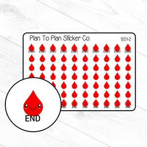 May include: A white sheet with red blood drop stickers. The stickers have a smiling face and say "START" and "END". The sheet says "Plan To Plan Sticker Co." and "1201-2".