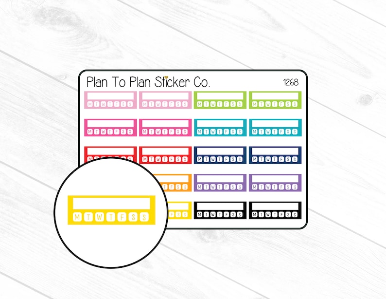 Puede incluir: Un conjunto de 8 pegatinas de planificador coloridas con el texto "Plan To Plan Sticker Co." y "1268". Cada pegatina tiene un espacio en blanco para escribir y los d&iacute;as de la semana abreviados como "MTWTFSS".