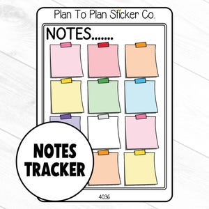 May include: A sticker sheet with a white border featuring colorful sticky notes. The notes are in various pastel colors, each secured with a matching tape strip. The sheet also includes a circular "NOTES TRACKER" graphic and the text "NOTES......".