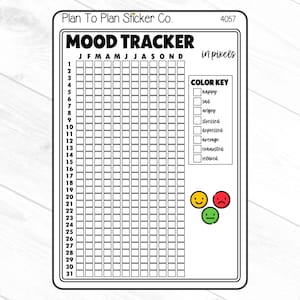 May include: A black and white mood tracker printable sticker with a color key and three smiley faces. The color key includes happy, sad, angry, stressed, depressed, average, exhausted, and relaxed. The smiley faces are yellow, red, and green.