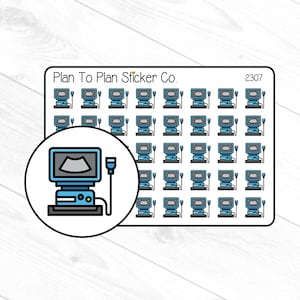 May include: Sheet of stickers featuring a medical ultrasound machine design. The stickers are in a rectangular shape with rounded corners. The stickers have a blue, black, and white color scheme. The text "Plan To Plan Sticker Co." is at the top.