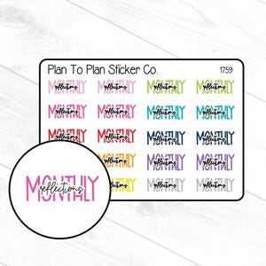 May include: A sheet of planner stickers from Plan To Plan Sticker Co. features the word "MONTHLY" in various colours, with the word "reflections" in cursive. The stickers are in a rectangular shape and a circular shape.