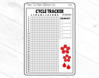 Puede incluir: Una pegatina imprimible en blanco y negro con una cuadrícula de seguimiento de ciclo, etiquetada como "CYCLE TRACKER" y "en píxeles". La cuadrícula tiene los meses del año etiquetados en la parte superior y los días del mes etiquetados en el lateral. Hay una sección de clave de color con cinco casillas vacías y una sección con iconos de flores rojas y gotas.