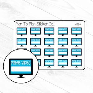 May include: A sheet of 24 blue and white Prime Video stickers. Each sticker features a stylized icon of a computer monitor with the text "Prime Video" on the screen. The sheet is labeled "Plan To Plan Sticker Co." and "1476-4".