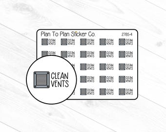 Puede incluir: Una hoja de pegatinas con el texto "CLEAN VENTS" repetido. Las pegatinas presentan un diseño de rejilla de ventilación gris sobre fondo blanco. El nombre de la marca "Plan To Plan Sticker Co." está impreso en la parte superior.