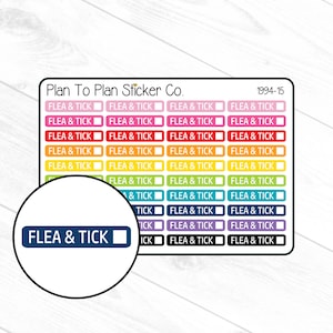 May include: A sheet of colorful stickers with the text "FLEA & TICK" repeated in a rainbow pattern. The stickers are designed for use in a planner or journal.