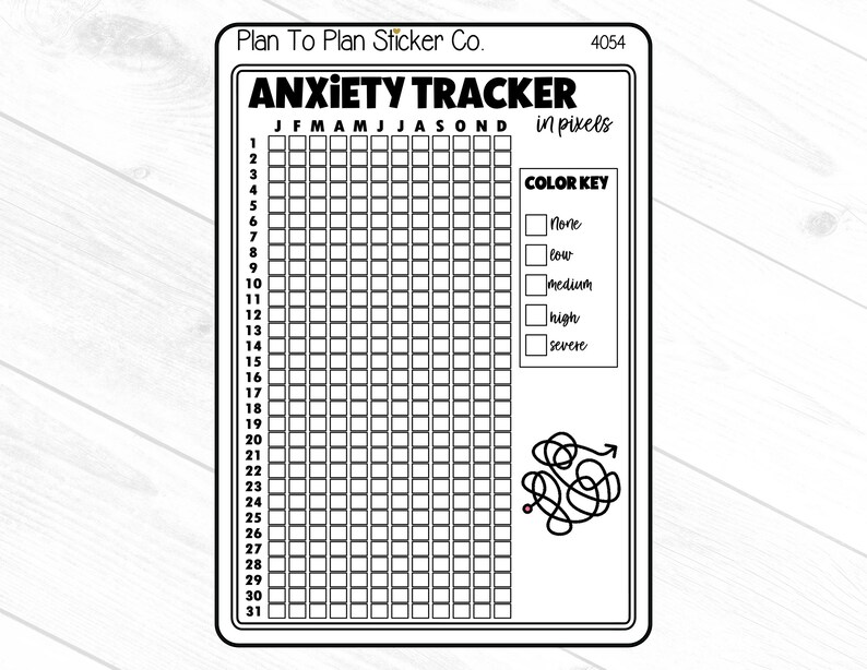 May include: Black and white anxiety tracker sticker with a color key for tracking anxiety levels. The sticker has a grid with 31 days and 12 months. The color key includes the following levels: none, low, medium, high, and severe.