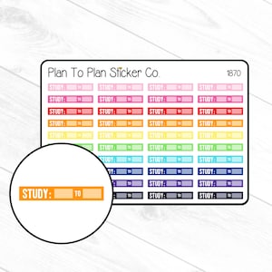 May include: A sheet of colorful stickers with the text "Plan To Plan Sticker Co." and "1870". The stickers are rectangular and have the text "STUDY: TO" on them. The stickers are in a rainbow of colors, including pink, red, orange, yellow, green, blue, purple, and gray.