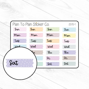 May include: A set of colorful planner stickers with days of the week labeled. The stickers are in pastel colors with white polka dots. The stickers are labeled Sun, Mon, Tues, Wed, Thu, Fri, and Sat.