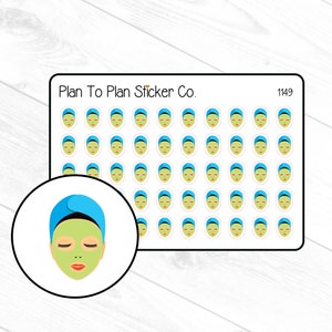 May include: A sheet of 63 round stickers featuring a cartoon illustration of a person with a green face mask and blue hair wrap. The text "Plan To Plan Sticker Co." and "1149" are printed on the sheet.