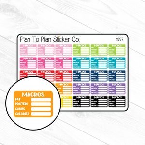 May include: A sheet of colorful stickers with the text "Plan To Plan Sticker Co." and "1997". Each sticker has the word "MACROS" and spaces to write in fat, protein, carbs, and calories.