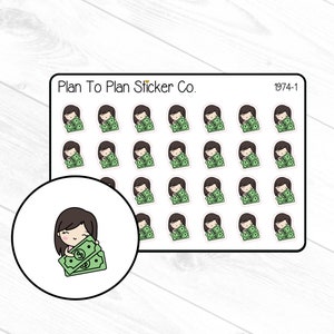 May include: A sheet of 24 stickers featuring a cartoon character holding stacks of money. The stickers are white with a green and white cartoon character. The text "Plan To Plan Sticker Co." and "1974-1" are printed on the sheet.