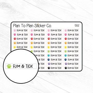 May include: A sheet of colorful stickers with paw prints and the text "Flea & TICK" repeated multiple times. The stickers are designed for use on pet products.