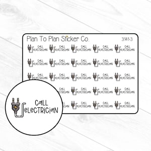 May include: Sheet of stickers with a repeating design of a plug and the words "Call Electrician". The stickers are black and white with a yellow lightning bolt. The text "Plan To Plan Sticker Co." is at the top.