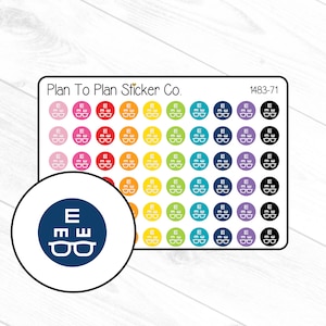 May include: A sheet of colorful eye chart stickers with the letters "E" and "mw" in white on a blue background. The stickers are arranged in a grid pattern and are perfect for planners, journals, and other craft projects. Plan To Plan Sticker Co. 1483-71