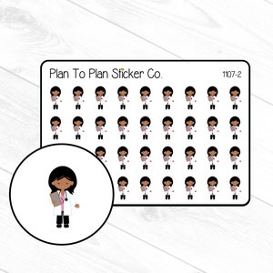 May include: A sheet of stickers featuring a repeated pattern of a cartoon doctor with a stethoscope and a clipboard. The stickers are white with black outlines and pink accents. The text "Plan To Plan Sticker Co." and "1107-2" are printed at the top of the sheet.