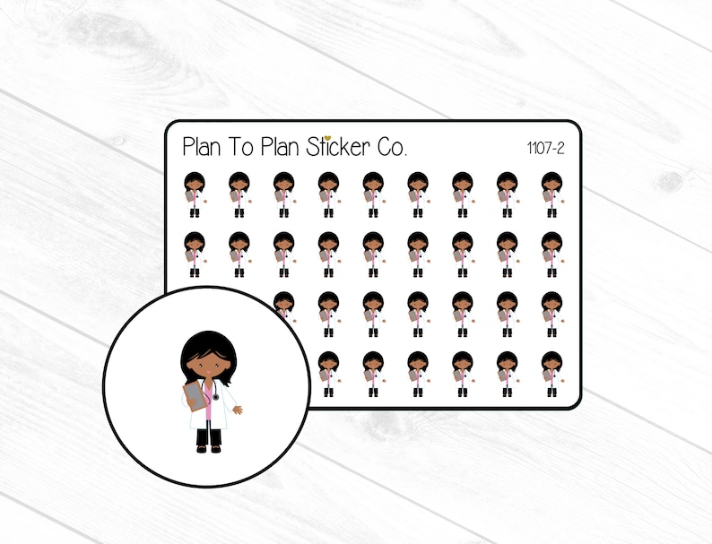 May include: A sheet of stickers featuring a repeated pattern of a cartoon doctor with a stethoscope and a clipboard. The stickers are white with black outlines and pink accents. The text "Plan To Plan Sticker Co." and "1107-2" are printed at the top of the sheet.