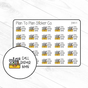 May include: Sheet of stickers featuring a yellow toolbox with tools and the words "Call Repair Man." The stickers are arranged in a grid, with a larger circular sticker at the bottom. The text "Plan To Plan Sticker Co." is at the top.