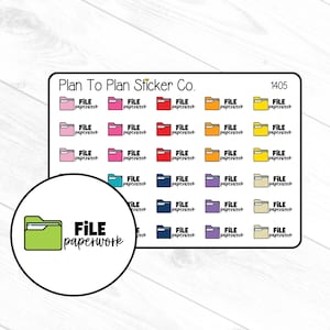 May include: Sheet of colorful file folder stickers with the text "FILE paperwork". The stickers are in various colors, including pink, red, orange, yellow, blue, purple, and beige. The sheet also includes the number 1405.
