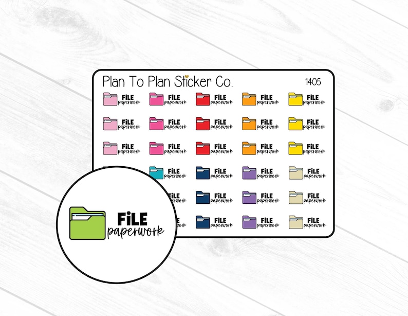 May include: Sheet of colorful file folder stickers with the text "FILE paperwork". The stickers are in various colors, including pink, red, orange, yellow, blue, purple, and beige. The sheet also includes the number 1405.