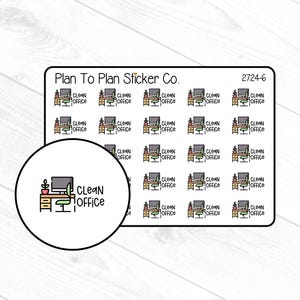 May include: A sheet of stickers featuring a computer desk with a plant and the text "Clean Office". The stickers are designed for planners and organizers.