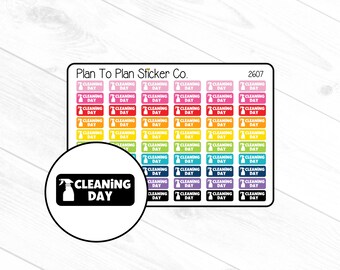 May include: A set of 36 colorful stickers with the text "Cleaning Day" and a spray bottle icon. The stickers are arranged in a rainbow pattern and are perfect for planners and journals.