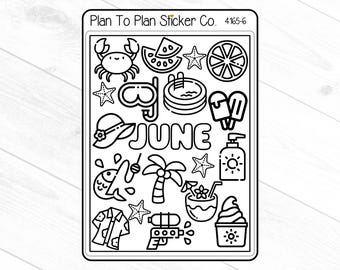 4165-6~~June Coloring Doodles Planner Stickers.