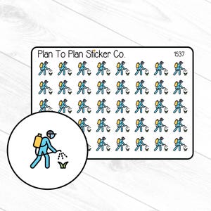 May include: Sheet of stickers featuring a repeating pattern of a person spraying a lawn. The person is wearing a blue outfit and a yellow backpack. The stickers also include the text "Plan To Plan Sticker Co." and the number "1537".