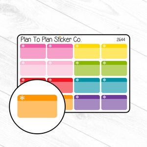 May include: A sheet of colorful planner stickers with the text "Plan To Plan Sticker Co." and the number "2644". The stickers are in various colors, including pink, yellow, green, blue, and purple. Each sticker has a white star in the top left corner.