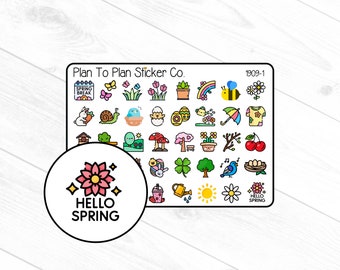 May include: A sheet of colorful stickers featuring spring-themed illustrations, including flowers, birds, butterflies, eggs, and a bunny. The stickers are arranged in a grid pattern and have a white background. The text "Plan To Plan Sticker Co." and "Hello Spring" are included on the sheet.