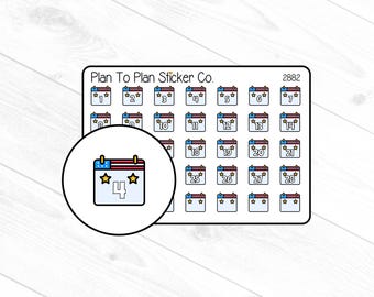 Könnte beinhalten: Ein Bogen mit Kalenderaufklebern mit dem Text "Plan To Plan Sticker Co." und der Nummer "2882". Jeder Aufkleber zeigt ein Kalendersymbol mit einer Zahl und einem Stern. Ein Aufkleber ist mit einem amerikanischen Flaggen-Design für den 4. Juli hervorgehoben.