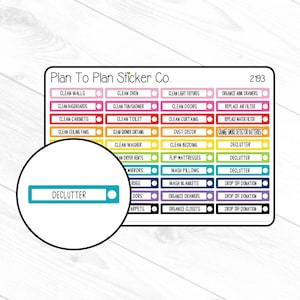 May include: A colorful set of 24 stickers with various household chores and tasks, including "Clean Walls", "Clean Oven", "Clean Tub/Shower", "Clean Light Fixtures", "Organize Junk Drawers", "Clean Doors", "Replace Air Filter", "Clean Cabinets", "Clean Toilet", "Clean Curtains", "Replace Water Filter", "Clean Ceiling Fans", "Clean Shower Curtains", "Dust Decor", "Change Smoke Detector Batteries", "Clean Washer", "Clean Bedding", "Declutter", "Clean Dryer Vents", "Flip Mattresses", "Declutter", "Mirrors", "Wash Pillows", "Declutter", "Rugs", "Wash Blankets", "Drop Off Donation", "Declutter", "Doors", "Organize Drawers", "Drop Off Donation", "Carpets", "Organize Closets", "Drop Off Donation". The stickers are arranged in a grid pattern on a white background.