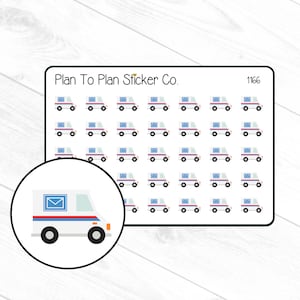May include: A sheet of 36 white mail truck stickers with blue and red accents. The stickers are arranged in a grid pattern. The sheet is labeled "Plan To Plan Sticker Co." and "1166".