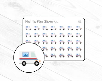 Può includere: Un foglio di 36 adesivi di camion postale bianchi con accenti blu e rossi. Gli adesivi sono disposti in una griglia. Il foglio è etichettato "Plan To Plan Sticker Co." e "1166".