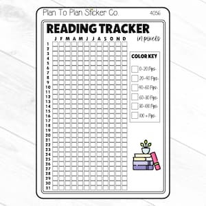 May include: Black and white reading tracker sticker with a grid for each month of the year. The sticker has a color key for tracking pages read, with categories for 0-20 pages, 20-40 pages, 40-60 pages, 60-80 pages, 80-100 pages, and 100+ pages. The sticker also features a small illustration of a stack of books with a plant on top.