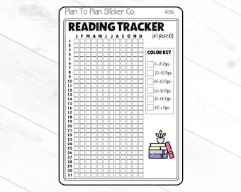 May include: Black and white reading tracker sticker with a grid for each month of the year. The sticker has a color key for tracking pages read, with categories for 0-20 pages, 20-40 pages, 40-60 pages, 60-80 pages, 80-100 pages, and 100+ pages. The sticker also features a small illustration of a stack of books with a plant on top.