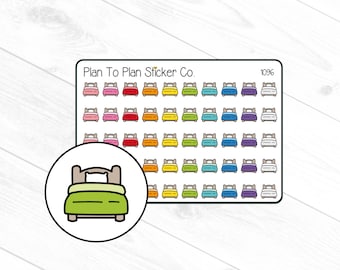 May include: A sheet of 1096 colorful bed stickers. The stickers are in a variety of colors, including red, orange, yellow, green, blue, purple, and gray. The stickers are all the same size and shape, and they feature a simple outline of a bed with a pillow and blanket. The stickers are arranged in a grid pattern on a white background. The text "Plan To Plan Sticker Co." is at the top of the sheet.