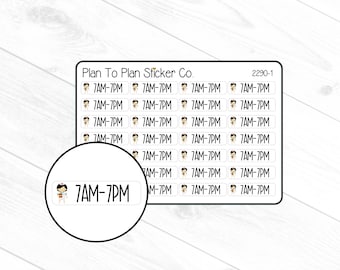 May include: A sheet of 12 white sticker labels with a cartoon illustration of a woman wearing a white dress and a blue headband. Each sticker label has the text "7AM-7PM" printed in black.
