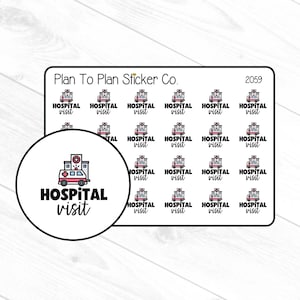 May include: A sheet of 2059 hospital visit stickers. The stickers are white with black text and a red and white ambulance graphic. The text on the stickers reads "HOSPITAL visit".