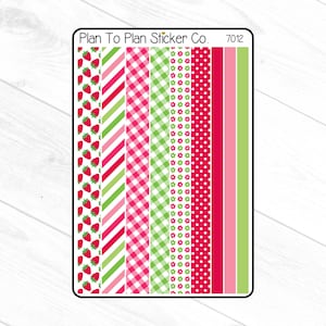 May include: A sticker sheet featuring various decorative patterns. Designs include strawberries, diagonal stripes, gingham, floral, polka dots, and solid stripes in red, pink, and green. The text "Plan To Plan Sticker Co. 7012" is printed at the top.