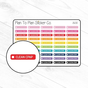 May include: A sheet of colorful stickers with the text "Clean CPAP" on each sticker. The stickers are arranged in rows and columns on a white background. The text "Plan To Plan Sticker Co." and "2630" are printed at the top of the sheet.