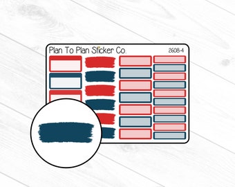 Può includere: Un foglio di adesivi con il testo "Plan To Plan Sticker Co." e il numero "2608-4". Il foglio presenta una varietà di adesivi rettangolari e quadrati rossi, blu e bianchi con diversi disegni.