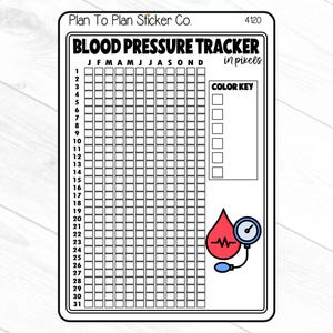May include: A white sticker with a black border featuring a blood pressure tracker. The sticker includes a grid for tracking daily readings, a color key, and a graphic of a blood drop and blood pressure gauge. Text includes "BLOOD PRESSURE TRACKER".
