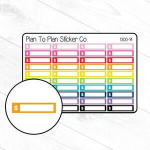 May include: A sheet of colorful stickers with blank spaces for writing. The stickers are arranged in rows and columns, with each row featuring a different color. The stickers are labeled "Plan To Plan Sticker Co." and "1300-14".