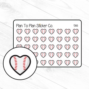 May include: A sheet of 49 white heart-shaped stickers with red stitching, resembling baseballs. The sheet is labeled "Plan To Plan Sticker Co." and "1366".