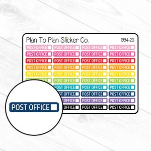 May include: A sheet of colorful stickers with the text "Plan To Plan Sticker Co." and "1994-20". The stickers are rectangular and have the text "POST OFFICE" in white with a black outline. The stickers are arranged in rows and columns, with each row featuring a different color.