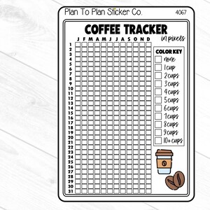 May include: Black and white printable coffee tracker sticker with a color key for tracking daily coffee intake. The sticker includes a grid with days of the week and numbers 1-31 for each month. The color key shows different shades of brown to represent the number of cups of coffee consumed.