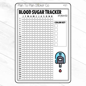 May include: A white sticker with a black border featuring a blood sugar tracker grid. The sticker includes the text "BLOOD SUGAR TRACKER" and a color key section. A small illustration of a blood glucose meter is at the bottom.
